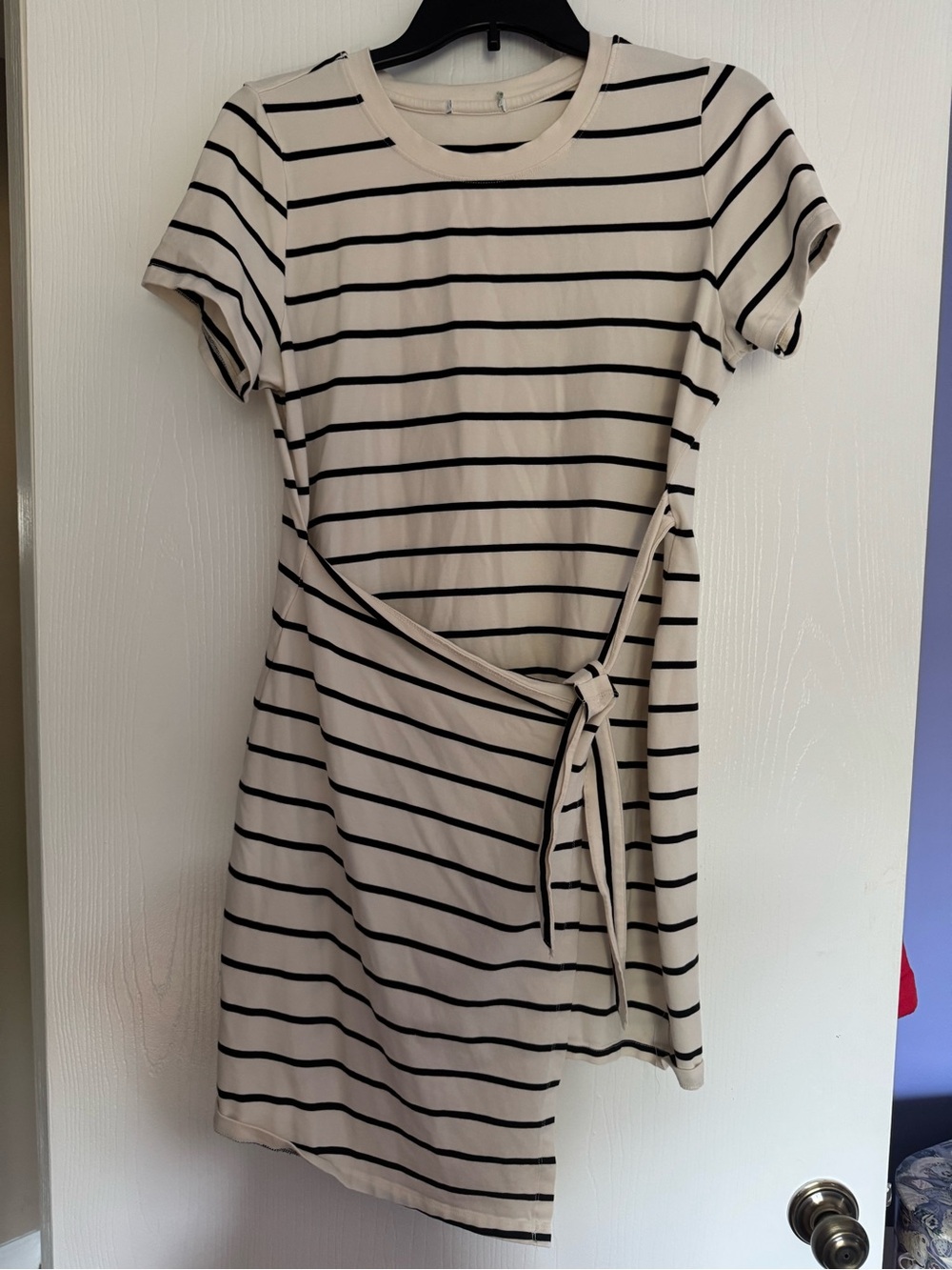 Striped Short Sleeve Tie-Waist Dress in Cream and Black
